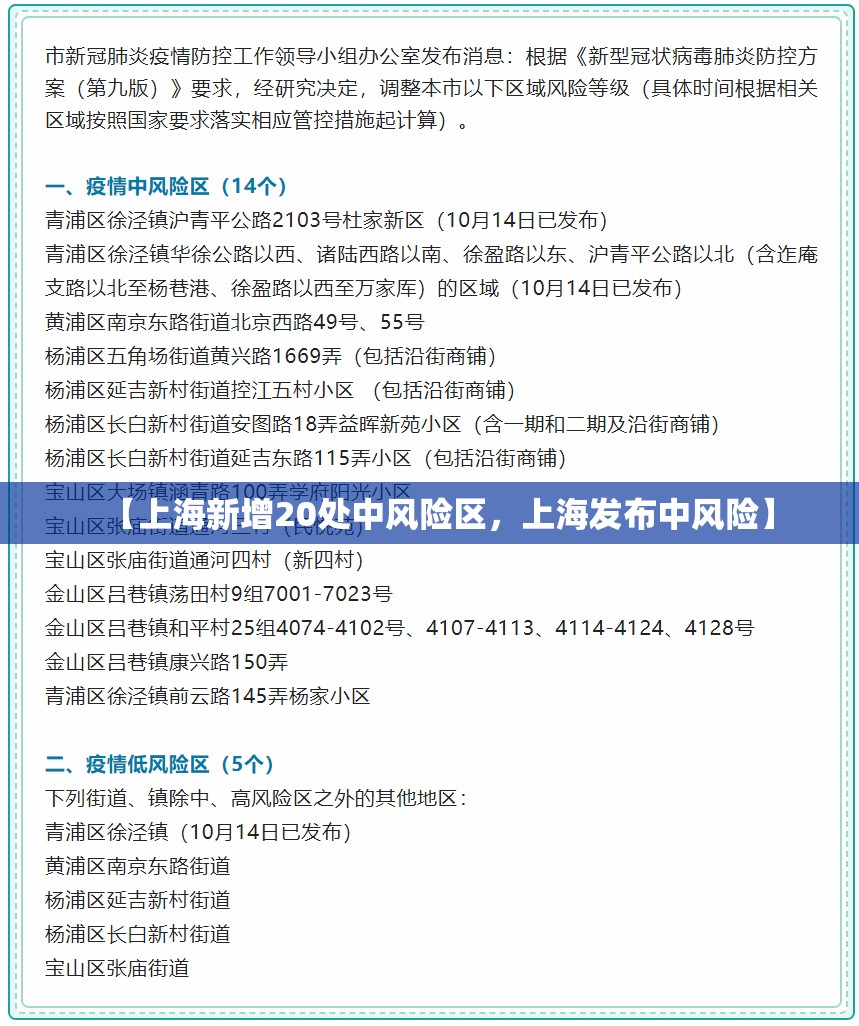 【上海新增20处中风险区，上海发布中风险】