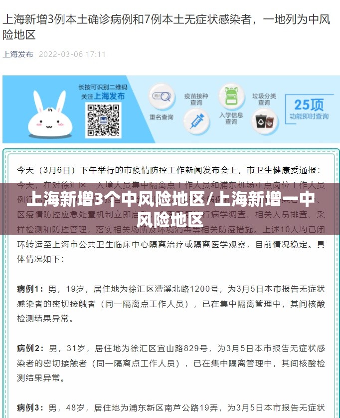 上海新增3个中风险地区/上海新增一中风险地区