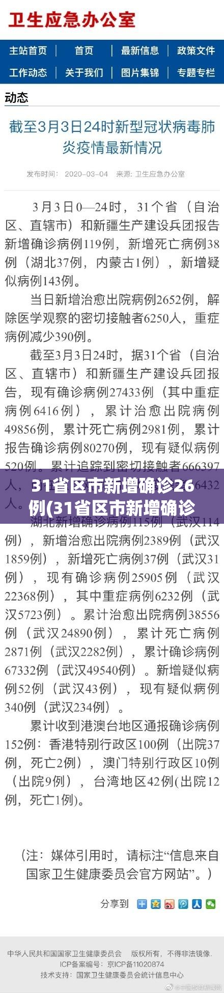 31省区市新增确诊26例(31省区市新增确诊病例26例)