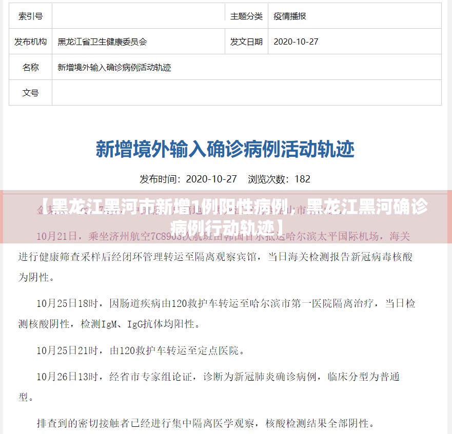【黑龙江黑河市新增1例阳性病例，黑龙江黑河确诊病例行动轨迹】